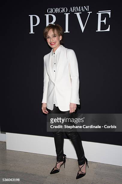 Kristin Scott Thomas attends the Giorgio Armani Prive show as part of Paris Fashion Week Haute Couture Spring/Summer 2015 on January 27, 2015 in...