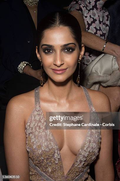 Sonam Kapoor attends the Giorgio Armani Prive show as part of Paris Fashion Week Haute Couture Spring/Summer 2015 on January 27, 2015 in Paris,...