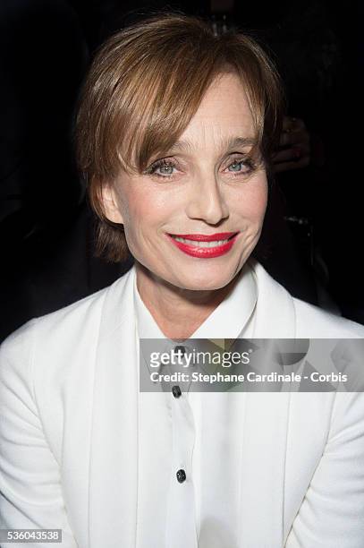 Kristin Scott Thomas attends the Giorgio Armani Prive show as part of Paris Fashion Week Haute Couture Spring/Summer 2015 on January 27, 2015 in...