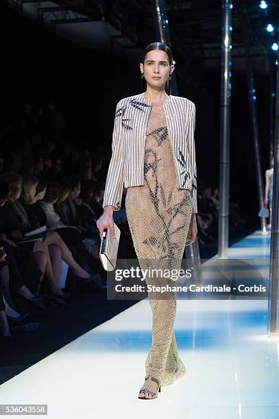 Model walks the runway during the Giorgio Armani Prive show as part of Paris Fashion Week Haute Couture Spring/Summer 2015 on January 27, 2015 in...