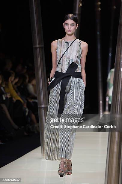 Model walks the runway during the Giorgio Armani Prive show as part of Paris Fashion Week Haute Couture Spring/Summer 2015 on January 27, 2015 in...