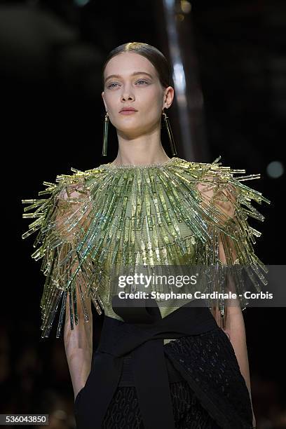 Model walks the runway during the Giorgio Armani Prive show as part of Paris Fashion Week Haute Couture Spring/Summer 2015 on January 27, 2015 in...