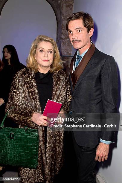 Catherine Deneuve and Elie Top attend the Launch Elie Top 'Haute Joaillerie Fantaisie' Collection on January 27, 2015 in Paris, France