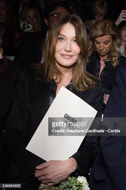 Carla Bruni-Sarkozy attends the Jean Paul Gaultier show as part of Paris Fashion Week Haute Couture Spring/Summer 2015 on January 28, 2015 in Paris,...