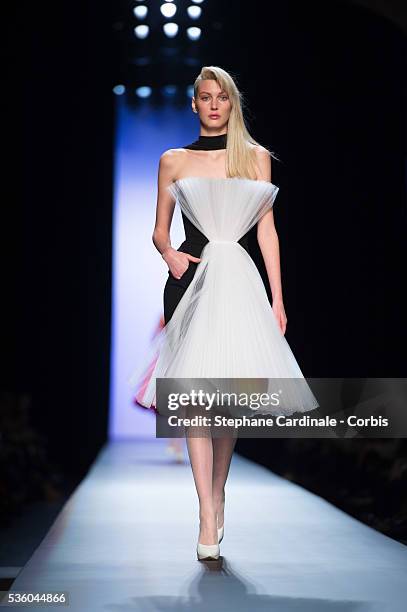 Model walks the runway at the end of the Jean Paul Gaultier show as part of Paris Fashion Week Haute Couture Spring/Summer 2015 on January 28, 2015...