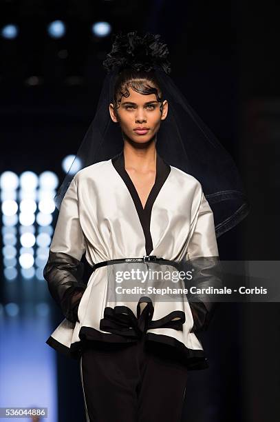 Model walks the runway at the end of the Jean Paul Gaultier show as part of Paris Fashion Week Haute Couture Spring/Summer 2015 on January 28, 2015...