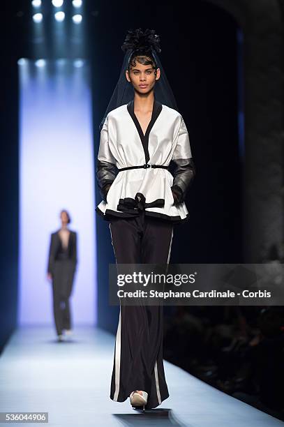 Model walks the runway at the end of the Jean Paul Gaultier show as part of Paris Fashion Week Haute Couture Spring/Summer 2015 on January 28, 2015...