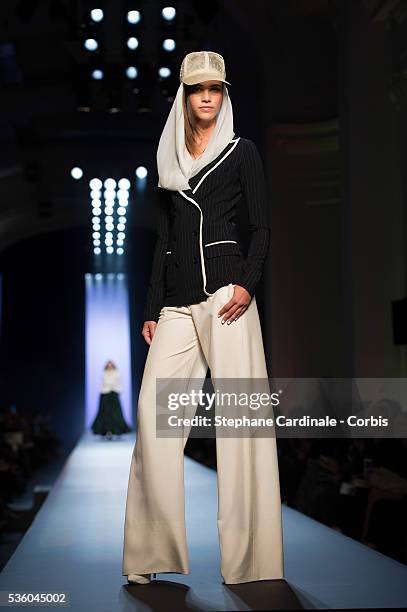 Model walks the runway at the end of the Jean Paul Gaultier show as part of Paris Fashion Week Haute Couture Spring/Summer 2015 on January 28, 2015...