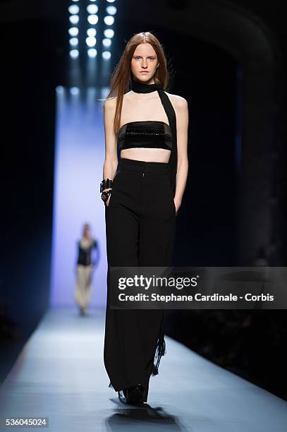 Model walks the runway at the end of the Jean Paul Gaultier show as part of Paris Fashion Week Haute Couture Spring/Summer 2015 on January 28, 2015...