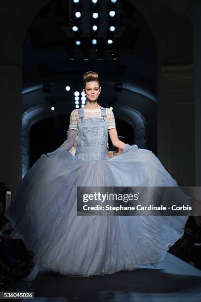 Lindsey Wixson walks the runway at the end of the Jean Paul Gaultier show as part of Paris Fashion Week Haute Couture Spring/Summer 2015 on January...