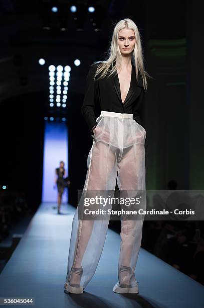 Model walks the runway at the end of the Jean Paul Gaultier show as part of Paris Fashion Week Haute Couture Spring/Summer 2015 on January 28, 2015...