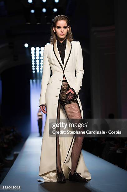 Model walks the runway at the end of the Jean Paul Gaultier show as part of Paris Fashion Week Haute Couture Spring/Summer 2015 on January 28, 2015...