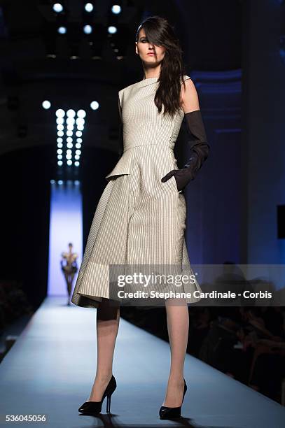 Model walks the runway at the end of the Jean Paul Gaultier show as part of Paris Fashion Week Haute Couture Spring/Summer 2015 on January 28, 2015...