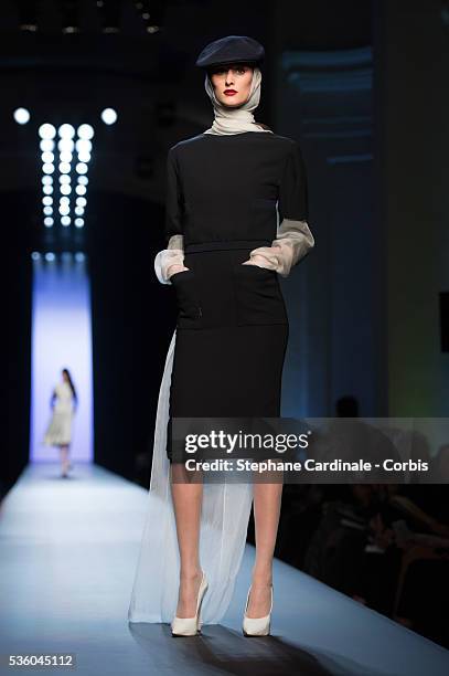 Model walks the runway at the end of the Jean Paul Gaultier show as part of Paris Fashion Week Haute Couture Spring/Summer 2015 on January 28, 2015...