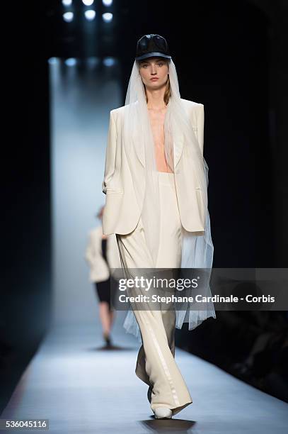 Model walks the runway at the end of the Jean Paul Gaultier show as part of Paris Fashion Week Haute Couture Spring/Summer 2015 on January 28, 2015...