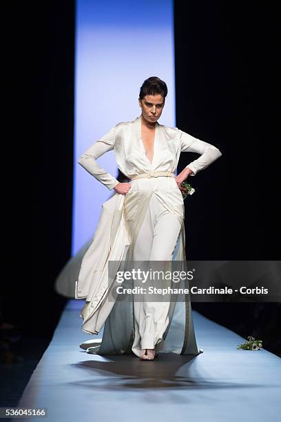 Model walks the runway at the end of the Jean Paul Gaultier show as part of Paris Fashion Week Haute Couture Spring/Summer 2015 on January 28, 2015...