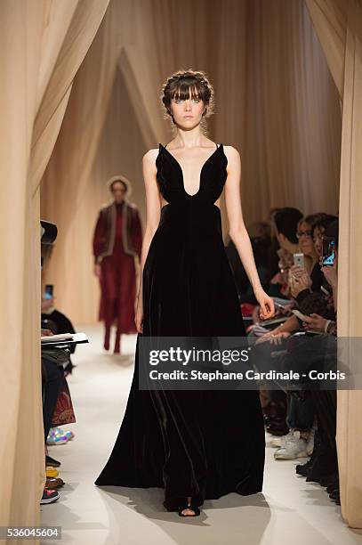 Model walks the runway during the Valentino show as part of Paris Fashion Week Haute Couture Spring/Summer 2015 on January 28, 2015 in Paris, France.