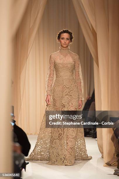 Model walks the runway during the Valentino show as part of Paris Fashion Week Haute Couture Spring/Summer 2015 on January 28, 2015 in Paris, France.