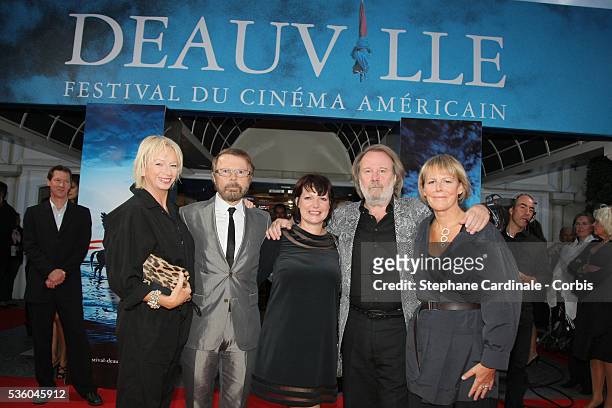 Judy Cramer, Bjorn Ulvaeus, Catherine Johnson, Benny Anderson and Phyllida Llyod attend the premiere of "Mamma Mia" during the 34th Deauville Film...