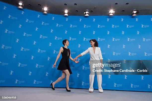 Actresses Rinko Kikuchi and Juliette Binoche attend the 'Nobody Wants the Night' photo call during the 65th Berlinale International Film Festival on...