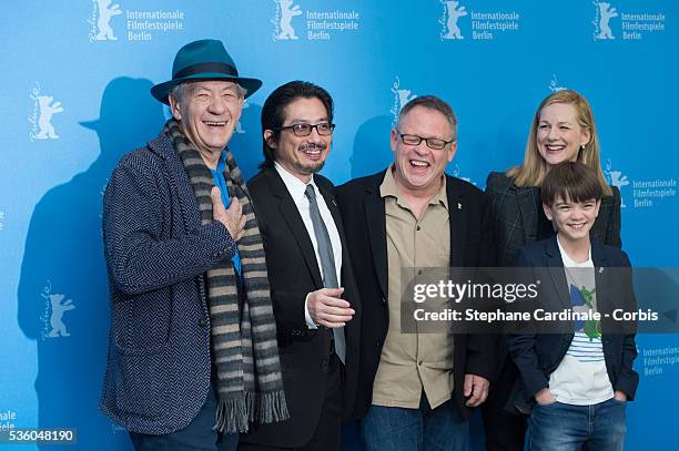 Sir Ian McKellen, Hiroyuki Sanada, Bill Condon, Laura Linney and Milo Parker attend the 'Mr. Holmes' photocall during the 65th Berlinale...