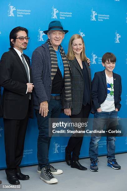 Hiroyuki Sanada, , Sir Ian McKellen, Laura Linney and Milo Parker attend the 'Mr. Holmes' photocall during the 65th Berlinale International Film...