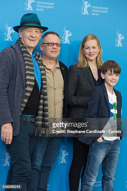 Sir Ian McKellen, Bill Condon, Laura Linney and Milo Parker attend the 'Mr. Holmes' photocall during the 65th Berlinale International Film Festival...