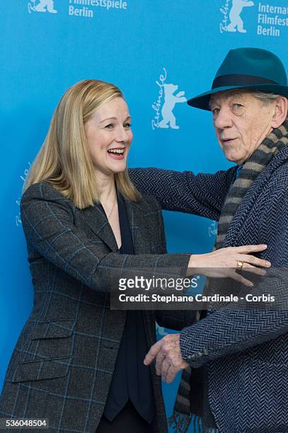 Sir Ian McKellen and Laura Linney attend the 'Mr. Holmes' photocall during the 65th Berlinale International Film Festival at Grand Hyatt Hotel on...