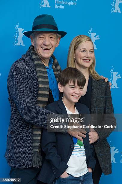 Sir Ian McKellen, Milo Parker and Laura Linney attend the 'Mr. Holmes' photocall during the 65th Berlinale International Film Festival at Grand Hyatt...