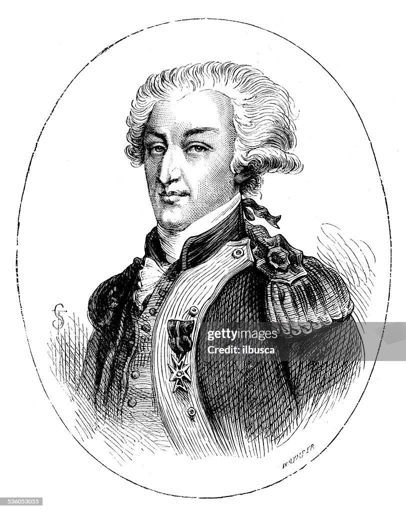 Antique illustration of Gilbert du Motier, Marquis de Lafayette