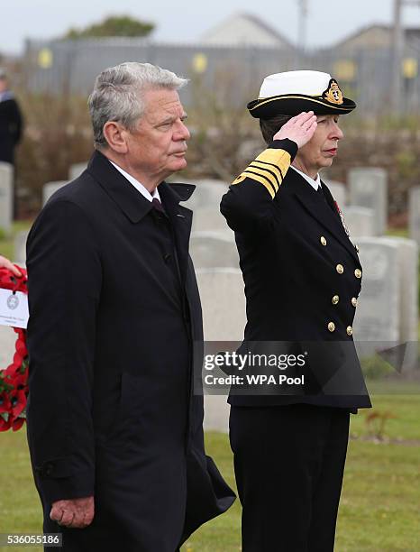 German President Joachim Gauck and Princess Anne, Princess Royal attend a service at Lyness Cemetery during the 100th anniversary commemorations for...