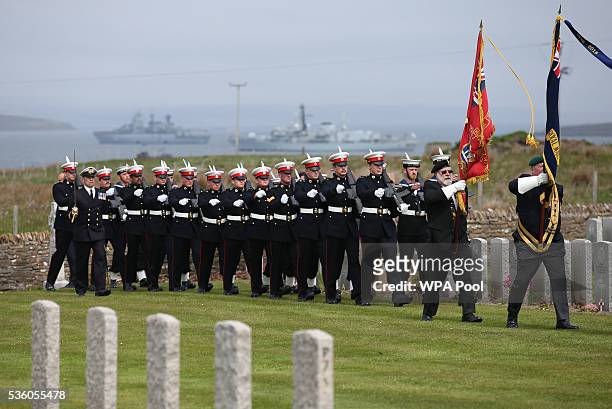Sailors take part in a service at Lyness Cemetery during the 100th anniversary commemorations for the Battle of Jutland on May 31, 2016 in Hoy,...