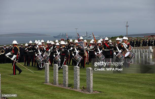 The Royal Marines Band Service take part in a service at Lyness Cemetery during the 100th anniversary commemorations for the Battle of Jutland on May...