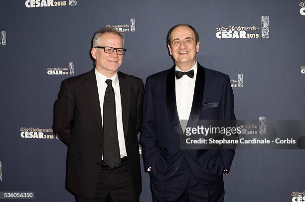 Thierry Fremaux and Pierre Lescure attend the 40th Cesar Film Awards at Theatre du Chatelet on February 20, 2015 in Paris, France.