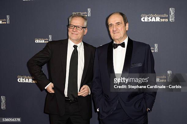 Thierry Fremaux and Pierre Lescure attend the 40th Cesar Film Awards at Theatre du Chatelet on February 20, 2015 in Paris, France.