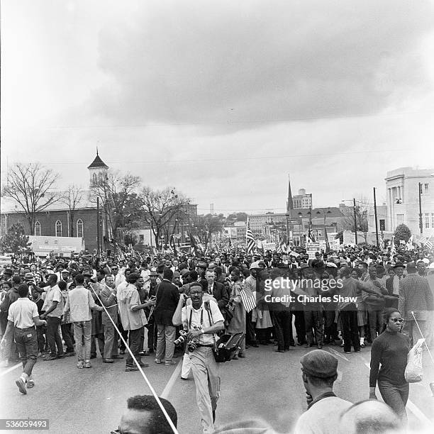 Elevated view of a marchers at the culmination of the Selma to Montgomery March, Montgomery, Alabama, March 25, 1965. Civil Rights activist Andrew...