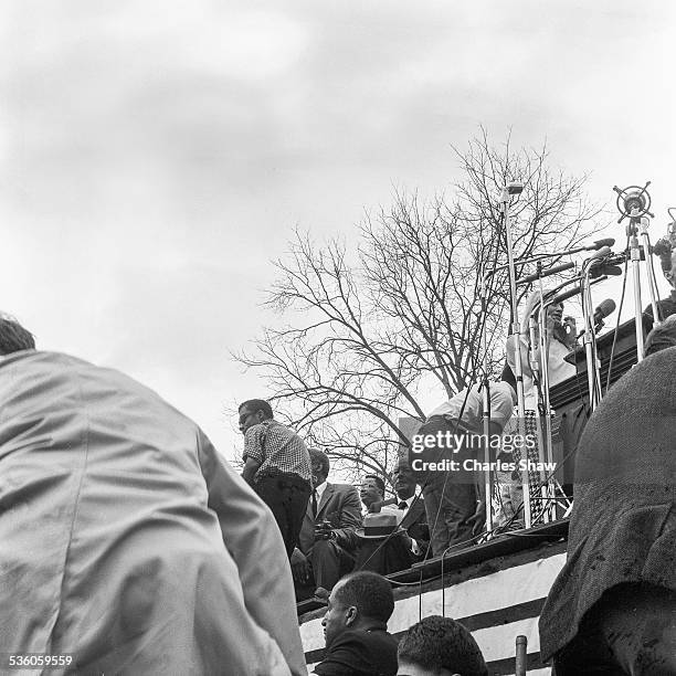 View up at the podium in front of the Alabama State Capitol at the end of the Selma to Montgomery March, Montgomery, Alabama, March 25, 1965. Among...