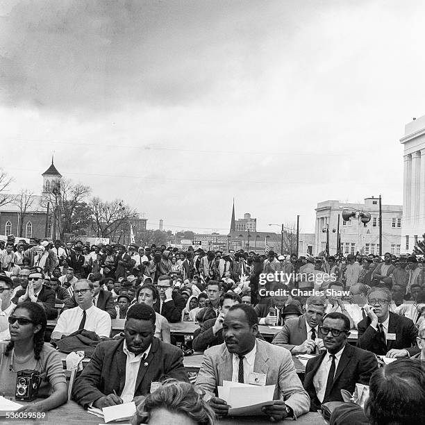 View down Dexter Avenue across press tables at the end of the Selma to Montgomery March, Montgomery, Alabama, March 25, 1965. The Dexter Avenue...