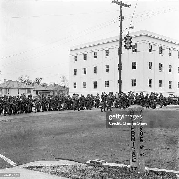 View of US Army MPs as they line the street across from the northwest corner of the Alabama State Capitol grounds at the end of the Selma to...