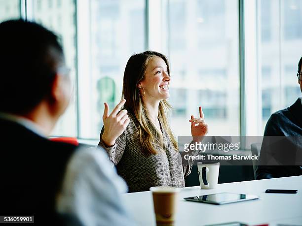 smiling businesswoman leading project meeting - motivatie stockfoto's en -beelden