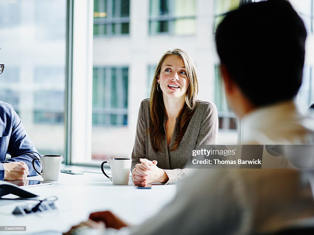 Businesswoman leading project discussion in office