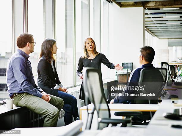 mature businesswoman leading team meeting - leanincollection stock pictures, royalty-free photos & images