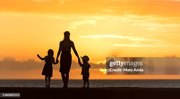 mother and two children silhouetted in sunset - child silhouette ocean stock pictures, royalty-free photos & images