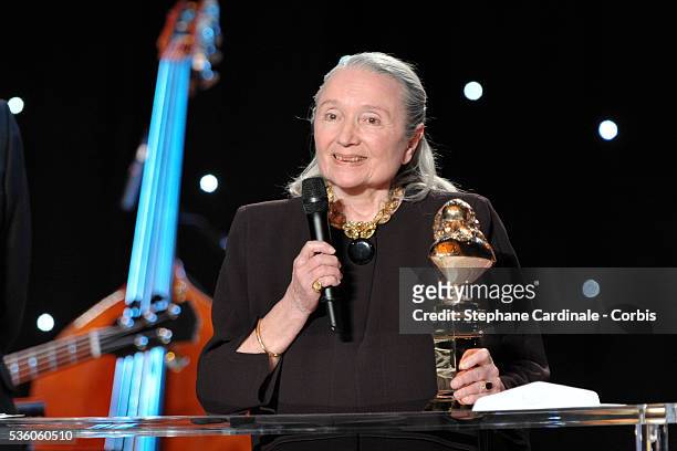 Monique Chaumette on stage with her Moliere for Best Actress in a Supporting Role for "Baby Doll" at the 23rd Molieres Awards, held at the Theatre de...