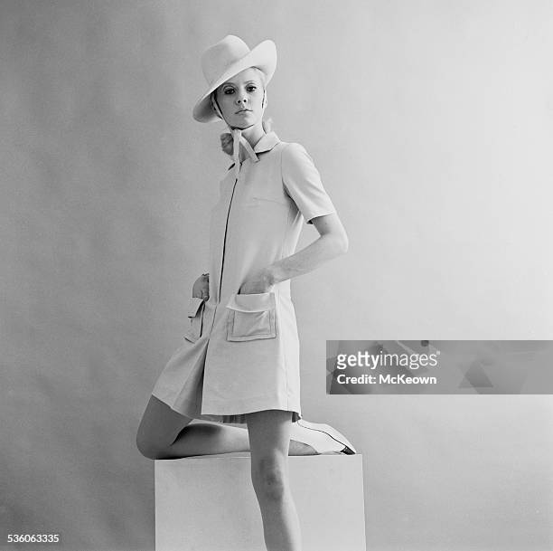 English actress and model Vicki Hodge showing a safari day dress and hat, 8th March 1967.