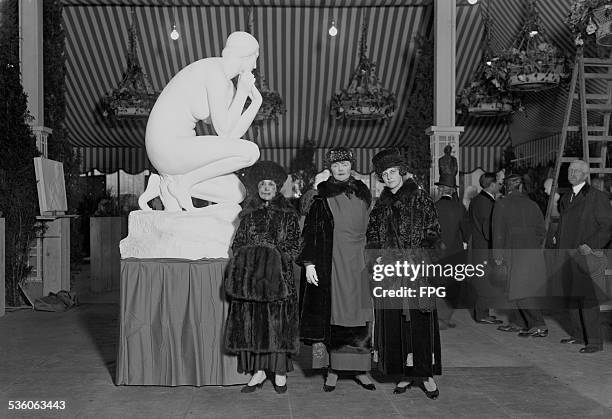 Sculpture by George Gray Barnard at the 'Allies Of Sculpture' exhibition at the Ritz Carlton Hotel in New York City, USA, 1917. From left to right,...