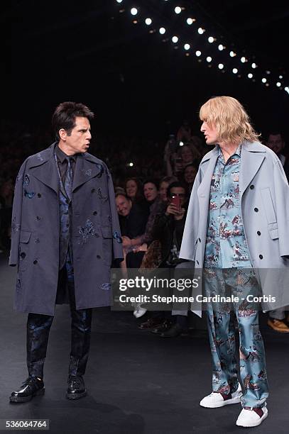 Zoolander stars Ben Stiller and Owen Wilson walk the runway during the Valentino show as part of the Paris Fashion Week Womenswear Fall/Winter...