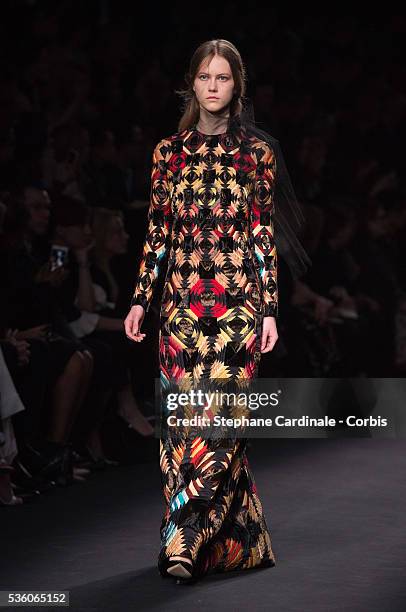 Model walks the runway during the Valentino show as part of the Paris Fashion Week Womenswear Fall/Winter 2015/2016 on March 10, 2015 in Paris,...