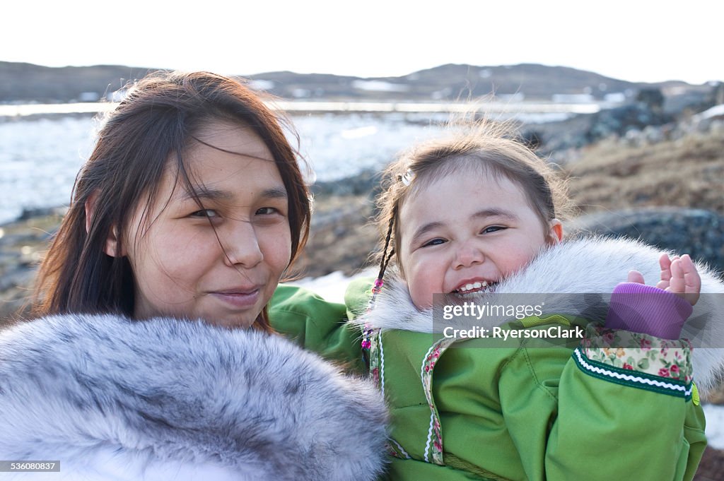 Inuit Mother and Daughter on Baffin Island, Nunavut, Canada.