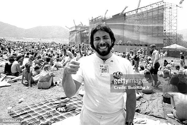 Apple Computers Co-founder Steve 'the Woz' Wozniak gives a 'thumbs-up' during the multi-day US FESTIVAL, May 28, 1983 at Glen Helen Regional Park in...